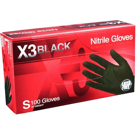 Gloveworks By Ammex X3, Disposable Gloves, 3 mil Palm, Nitrile, Powder-Free, S, Black BX342100